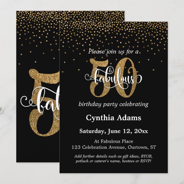 Glitter & Script 50 & Fabulous på Black, födelseda Inbjudningar (Fram/baksida)