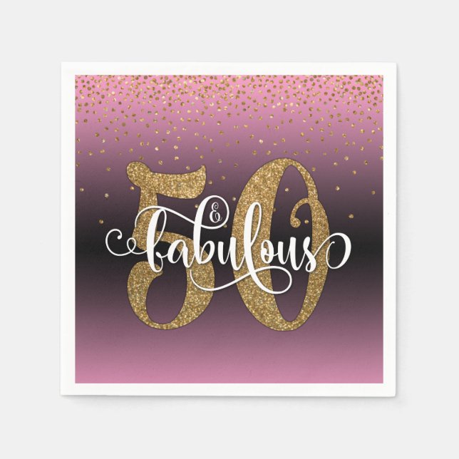 Glitter & Script 50 & Fabulous, Rosa Birthday Pappersservett (Framsidan)