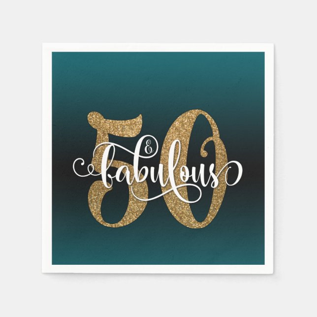 Glitter & Script 50 & Fabulous, Teal Birthday Pappersservett (Framsidan)