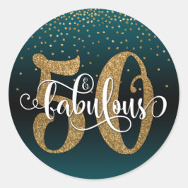 Glitter & Script 50 & Fabulous, Teal Birthday Runt Klistermärke
