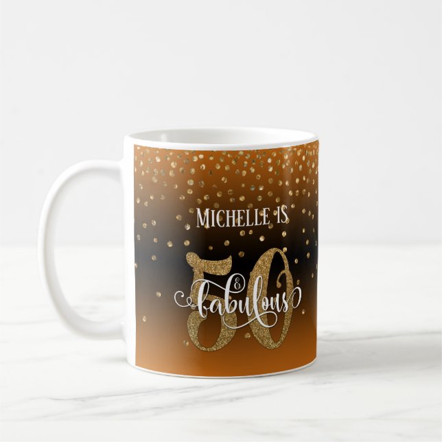 Glitter & Script 50 & Fantastisk, Orange Svart Omb Kaffemugg (Vänster)
