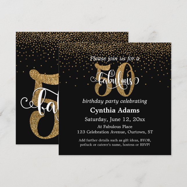Glitter & Script 50 & Fantastisk på svart, Födelse Inbjudningar (Fram/baksida)