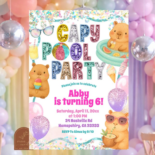 Glitter Sequin Capybara Pool Party Birthday invita Inbjudningar (Skapare uppladdad)