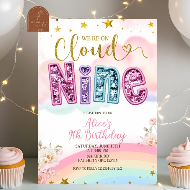 Glitter sequin pastel cloud nine birthday inbjudningar (Skapare uppladdad)