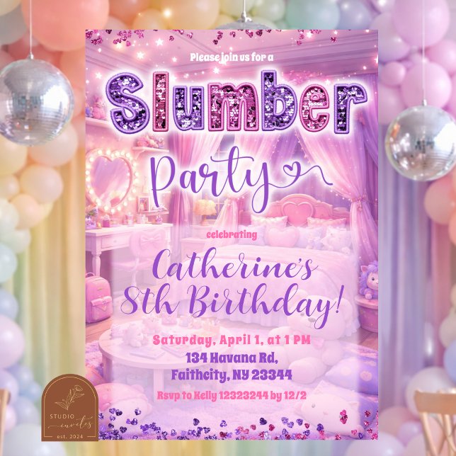 Glitter Sequin Pink Purple Sleepover Party Inbjudningar (Skapare uppladdad)