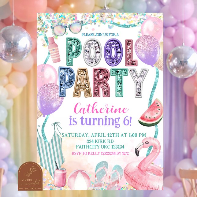 Glitter Sequin Pool Party Birthday invitation Inbjudningar (Skapare uppladdad)