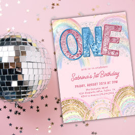 Glitter Sequin Rainbow 1st Birthday Invitation Inbjudningar