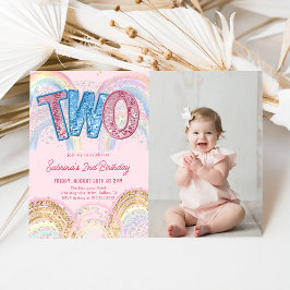 Glitter Sequin Rainbow 2-års födelsedagsfoto Inbjudningar