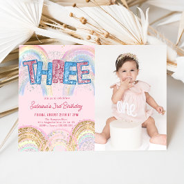 Glitter Sequin Rainbow 3-års födelsedagsfoto Inbjudningar