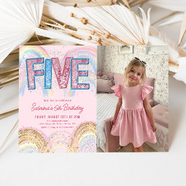 Glitter Sequin Rainbow 5-års födelsedagsfoto Inbjudningar