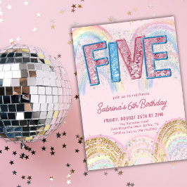 Glitter Sequin Rainbow 5-års inbjudan