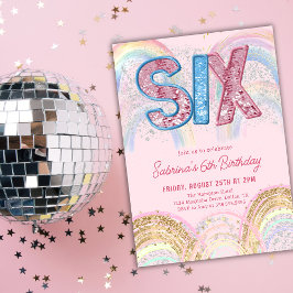 Glitter Sequin Rainbow 6th Birthday Invitation Inbjudningar