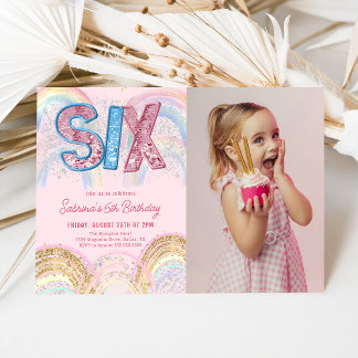 Glitter Sequin Rainbow 6th Birthday Photo Inbjudningar