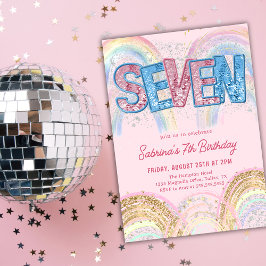 Glitter Sequin Rainbow 7th Birthday Invitation Inbjudningar