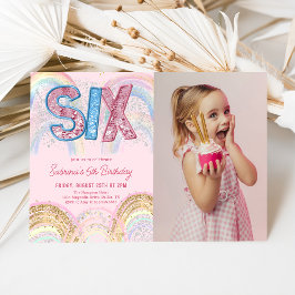 Glitter Sequin Regnbåge 6-års Födelsedagsfoto Inbjudningar