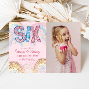 Glitter Sequin Regnbåge 6-års Födelsedagsfoto Inbjudningar