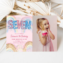 Glitter Sequin Regnbåge 7-års Födelsedagsfoto Inbjudningar