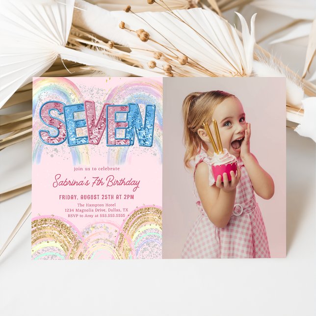 Glitter Sequin Regnbåge 7-års Födelsedagsfoto Inbjudningar (Skapare uppladdad)