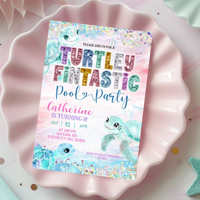 Glitter Sequin Sea Turtle Fintastic Birthday invit Inbjudningar (Skapare uppladdad)