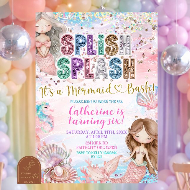 Glitter Sequin Splish Splash mermaid bash invitati Inbjudningar (Skapare uppladdad)