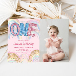 Glitter Sequins Regnbåge 1-års Födelsedagsfoto Inbjudningar