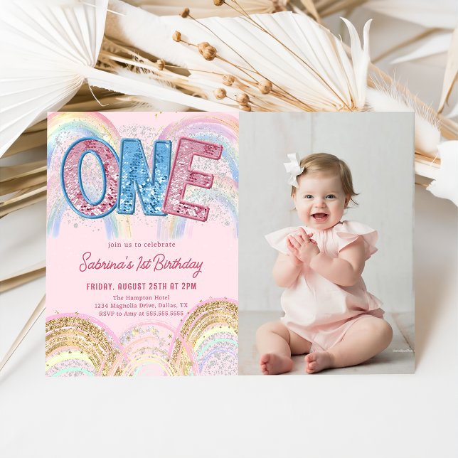 Glitter Sequins Regnbåge 1-års Födelsedagsfoto Inbjudningar (Skapare uppladdad)
