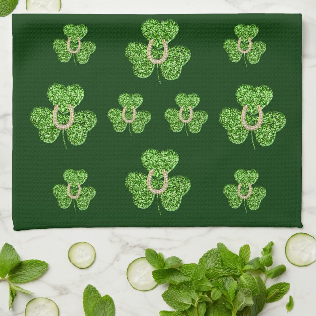 Glitter Shamrock and Horseshoe Kitchen Towel Kökshandduk (Vikta)