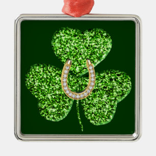 Glitter Shamrock and Horseshoe Square Ornament