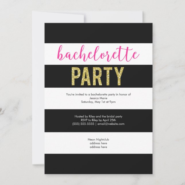 Glitter Shock rosa Black Rand Bachelorette Party Inbjudningar (Framsida)