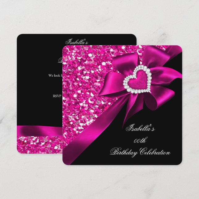 Glitter Shock rosa Heart Bow Black Födelsedagsfest Inbjudningar (Fram/baksida)