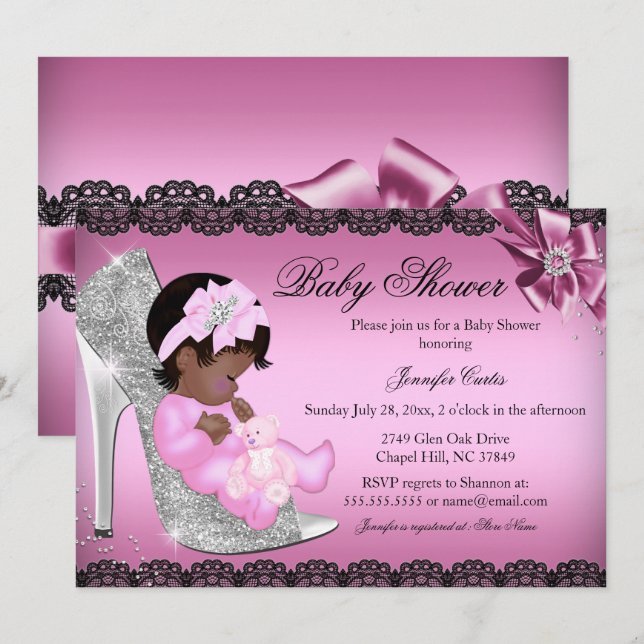 Glitter Shoe & Snöre Girl Baby Shower Inbjudan (Fram/baksida)