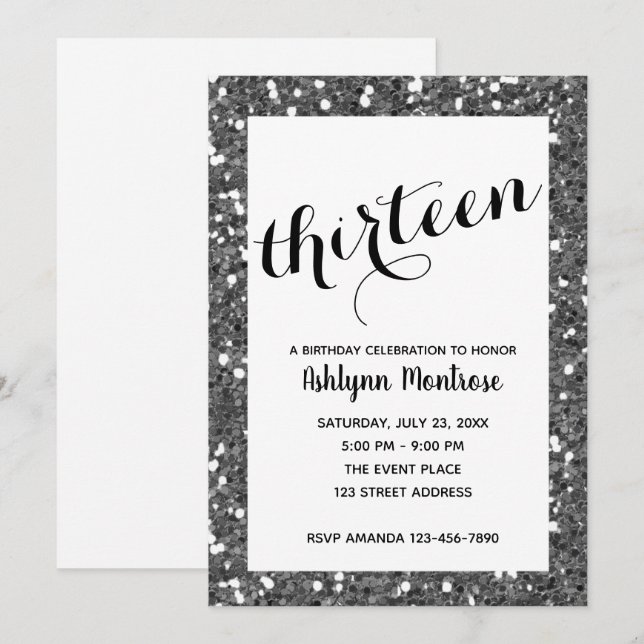 Glitter Silver 13:e födelsedagsinbjudan Inbjudningar (Fram/baksida)