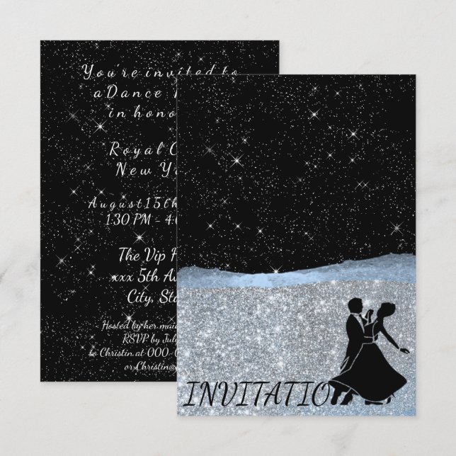 Glitter Silver Blå natten Himlar Starry Dance Part Inbjudningar (Fram/baksida)