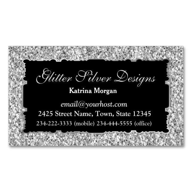 Glitter Silver Elegance Magnetic Affärskort Magnetiska Visitkort (Framsida)