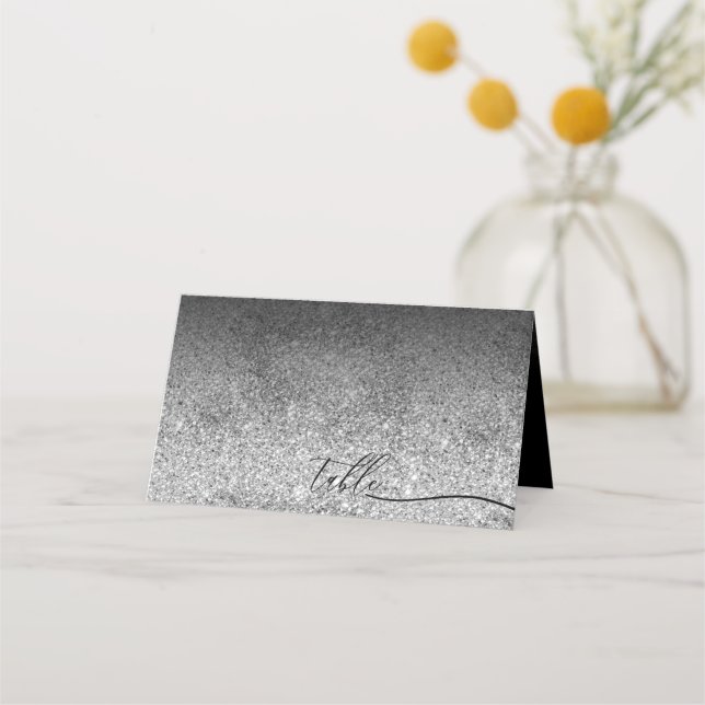 Glitter Silver Enkel Ren Script Bord Placeringskort (Framsida)