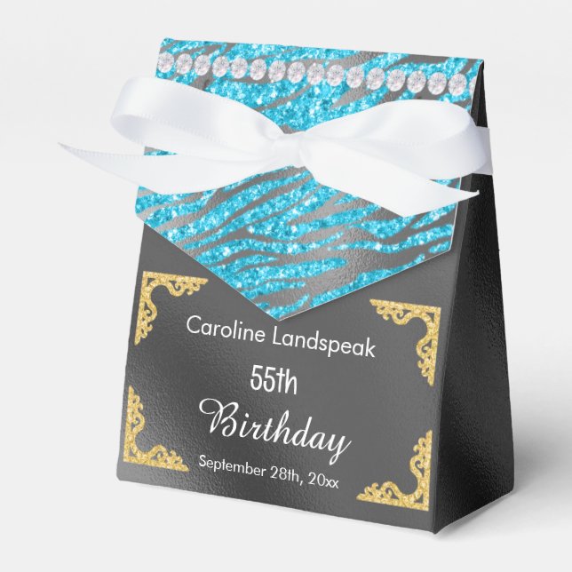 Glitter Silver Foil Blue Zebra tryck Birthday Presentaskar (Framsidan Sidan)