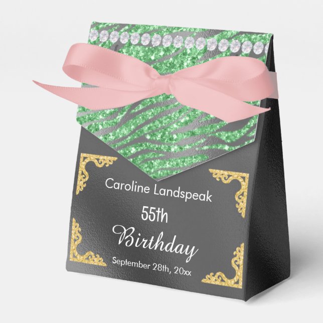 Glitter Silver Foil Grönt Zebra tryck födelsedag Presentaskar (Framsidan Sidan)