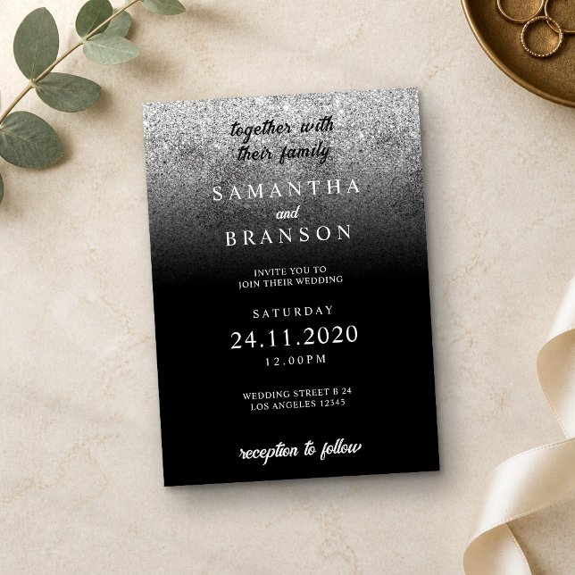 Glitter Silver Minimal Bröllop Inbjudningar (Skapare uppladdad)