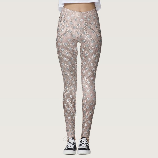 Glitter Silver Pearl Hearts Rosa ros Guld Sparkly Leggings (Framsida)