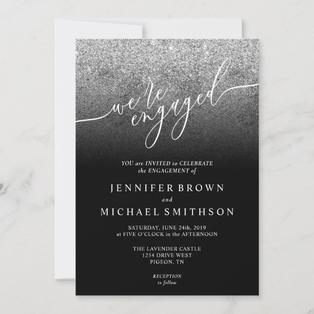 Glitter Silver SPARKle Signatur Förlovad Inbjudningar (Framsida)