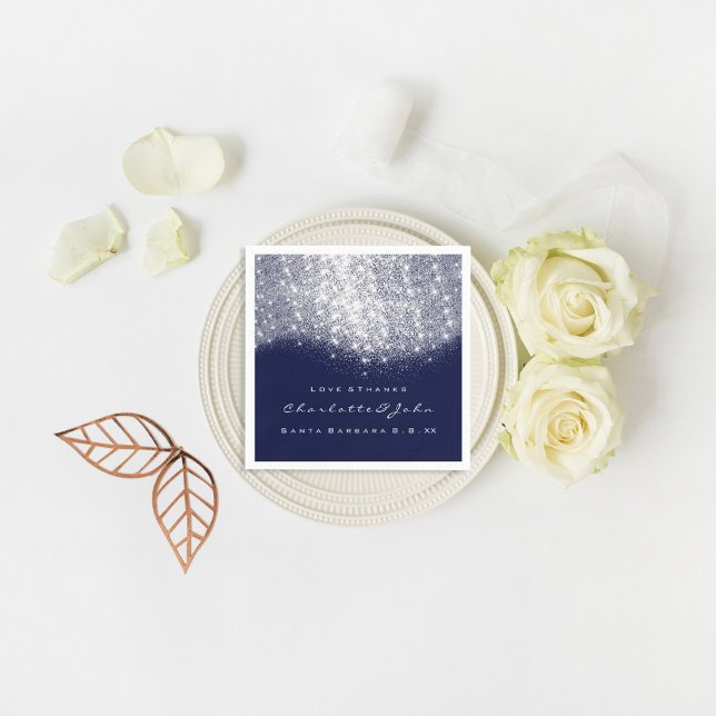 Glitter Silver WhiteBlue Navy White Tack Namn Pappersservett (Glitter Silver WhiteBlue Navy White Thank You Name Paper Napkins)
