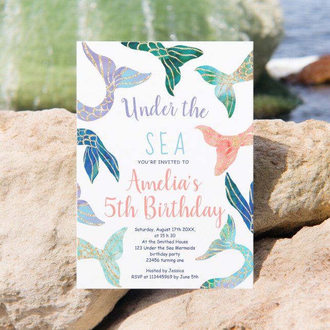 Glitter sjöjungfru guld glitter, pastel 5 födelsed inbjudningar (Glitter mermaid gold glitter pastel 5th birthday invitation)