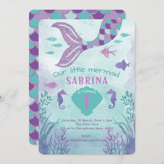 Glitter Sjöjungfru, Lila, Svan, under havet Inbjudningar (Fram/baksida)