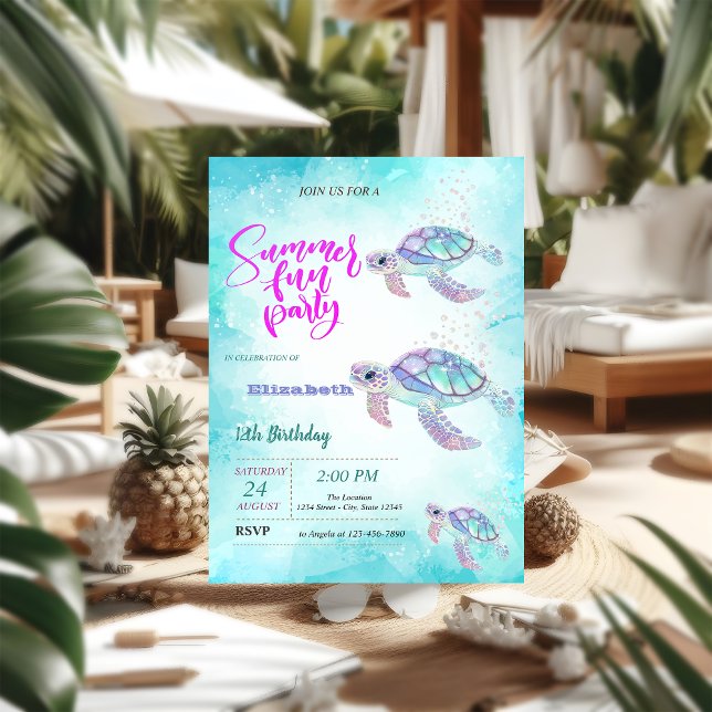 Glitter Sköldpadda Hav Sommar Födelsedagsfest  Inbjudningar (Skapare uppladdad)