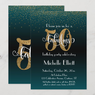 Glitter & skript 50 & Fabulous Black + Teal Ombre Inbjudningar