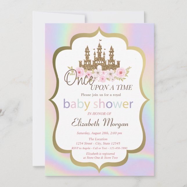 Glitter Slott Blommig, Holografisk Baby Shower Inbjudningar (Framsida)