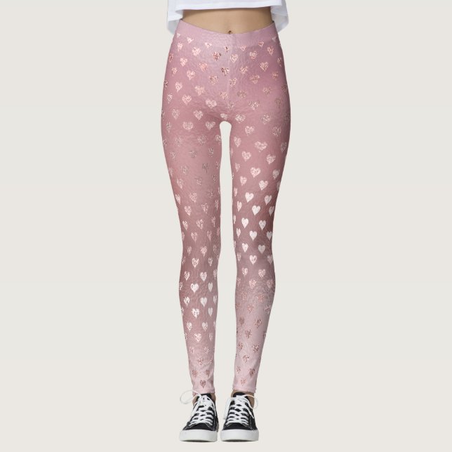 Glitter  små Hearts Rosa ros Guld Sparkly Leggings (Framsida)