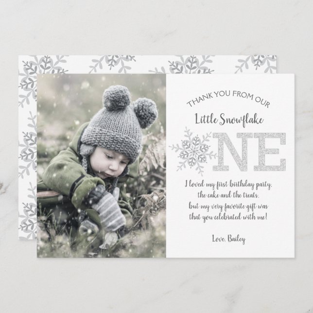 Glitter Snöflingor 1:a födelsedagen - Tack, ditt k Inbjudningar (Fram/baksida)