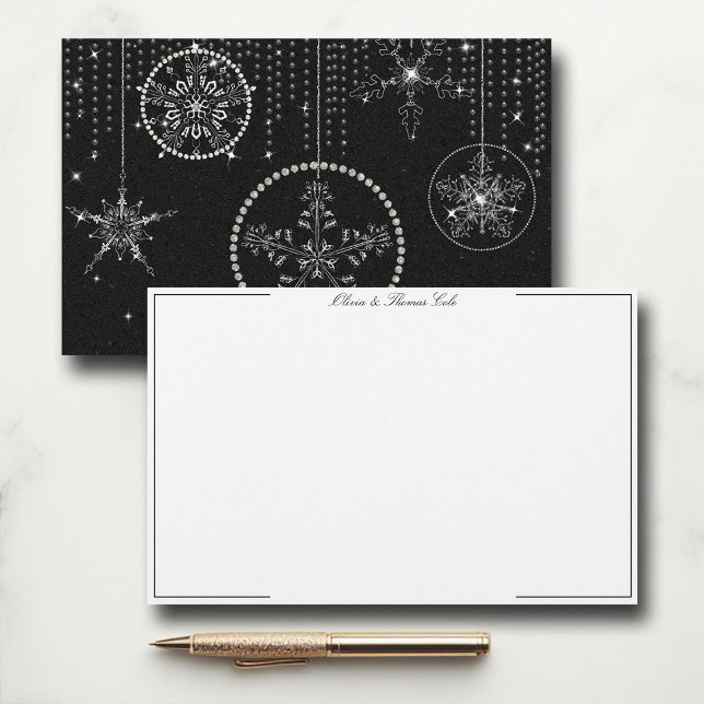 Glitter Snöflingor Black White Elegant Classy Chic Brevpapper (christmas thank you card couple stationery wedding holidays winter snowflakes rhinestones glitter)