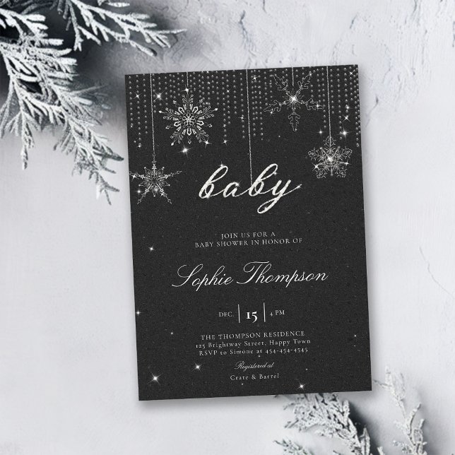 Glitter Snöflingor BW Könsneutrala babyskor Inbjudningar (gender neutral winter bridal shower invitation black white christmas elegant rhinestones bling class)